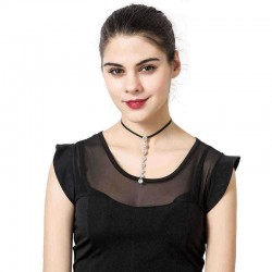 Shiny Eight Rhinestones Long Pendant Punk Black Choker Leather Clavicle Elegant Necklace for Women