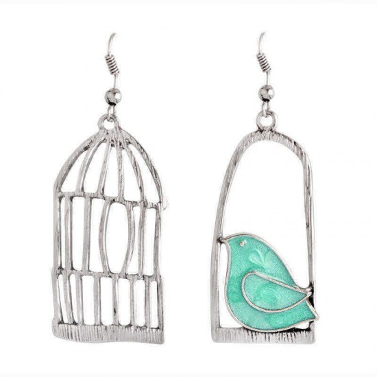 Silver Drop Earrings Blue Grey Bird Birdcage Pendants Fashion Asymmetric Women Earring