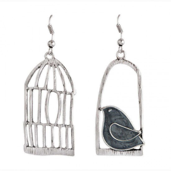 Silver Drop Earrings Blue Grey Bird Birdcage Pendants Fashion Asymmetric Women Earring