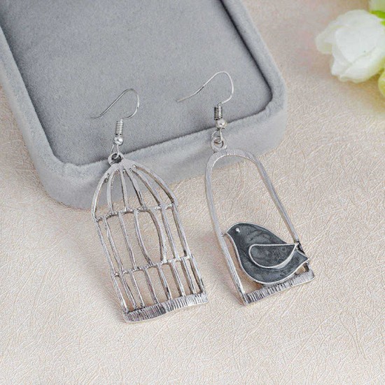 Silver Drop Earrings Blue Grey Bird Birdcage Pendants Fashion Asymmetric Women Earring