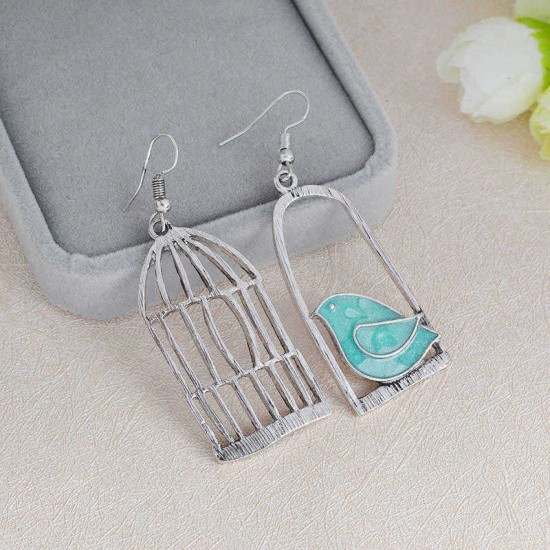 Silver Drop Earrings Blue Grey Bird Birdcage Pendants Fashion Asymmetric Women Earring