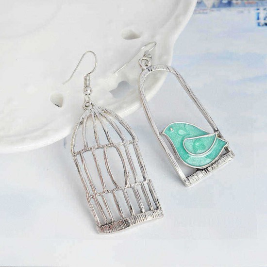 Silver Drop Earrings Blue Grey Bird Birdcage Pendants Fashion Asymmetric Women Earring