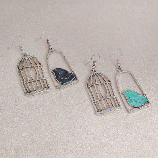 Silver Drop Earrings Blue Grey Bird Birdcage Pendants Fashion Asymmetric Women Earring