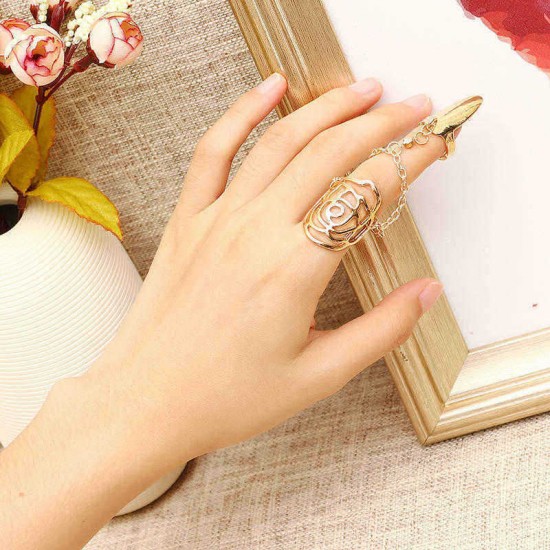 Silver Gold Hollow Rose Ring Alloy Rhinestone Nail Ring Jewelry for Women