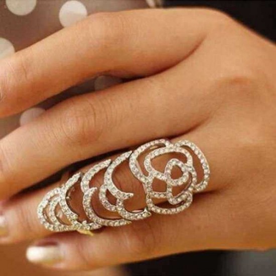 Silver Gold Plated Crystal Rhinestone Flower Hollow Joint Knuckle Ring