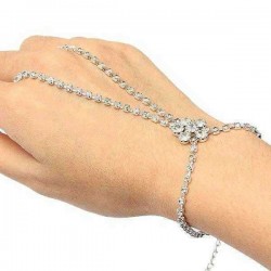 Silver Plated Crystal Flower Ring Bracelet Rhinestone Metal Chain