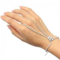 Silver Plated Crystal Flower Ring Bracelet Rhinestone Metal Chain