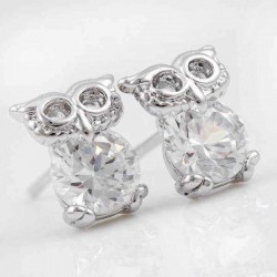 Silver Plated Cute Crystal Owl Ear Stud Earrings For Women