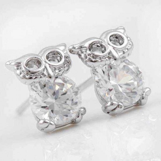 Silver Plated Cute Crystal Owl Ear Stud Earrings For Women