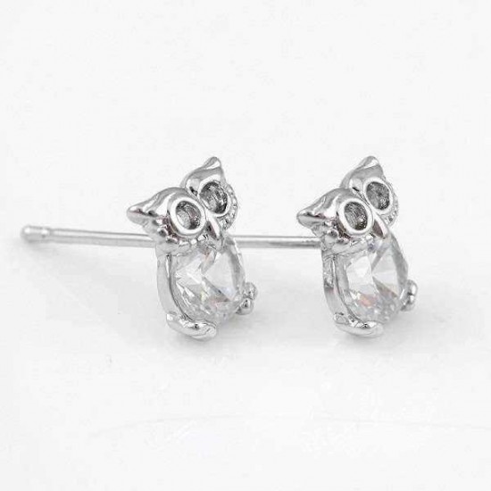 Silver Plated Cute Crystal Owl Ear Stud Earrings For Women