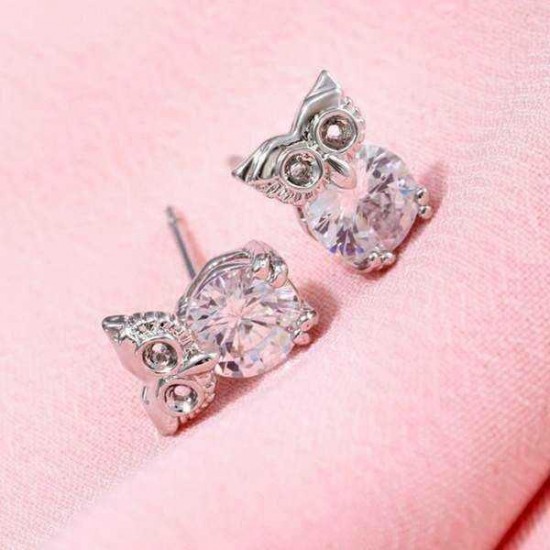 Silver Plated Cute Crystal Owl Ear Stud Earrings For Women