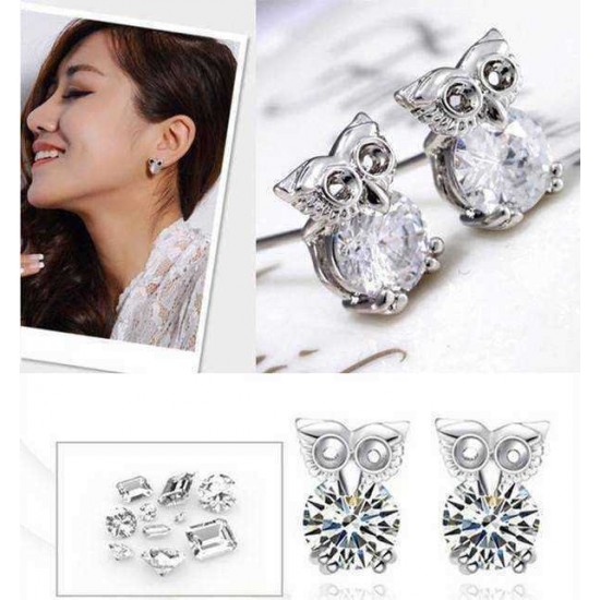 Silver Plated Cute Crystal Owl Ear Stud Earrings For Women