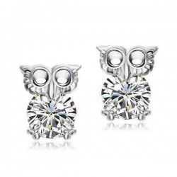 Silver Plated Cute Crystal Owl Ear Stud Earrings For Women