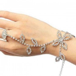 Silver Plated Leaves Rhinestone Ring Bracelet Crystal Metal Chain