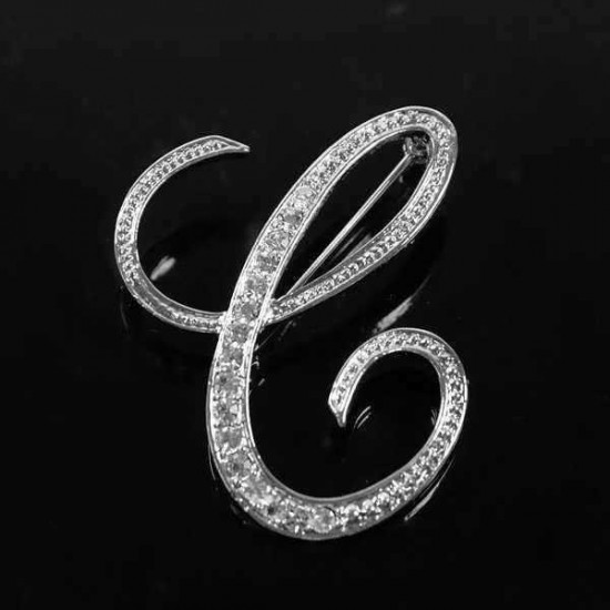 Silver Plated Rhinestone English Letters Brooch For Women