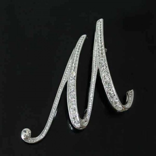 Silver Plated Rhinestone English Letters Brooch For Women