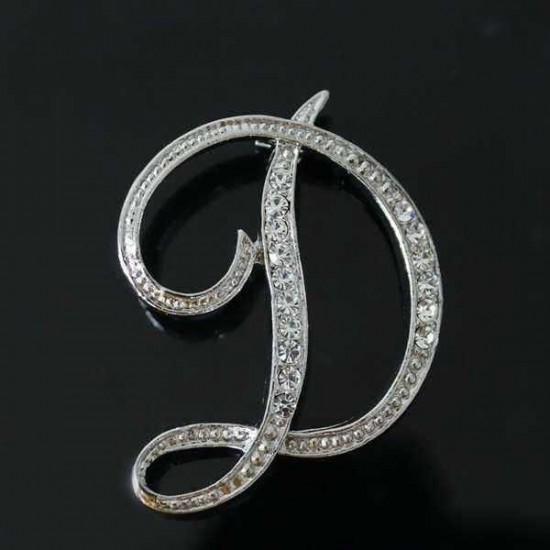 Silver Plated Rhinestone English Letters Brooch For Women