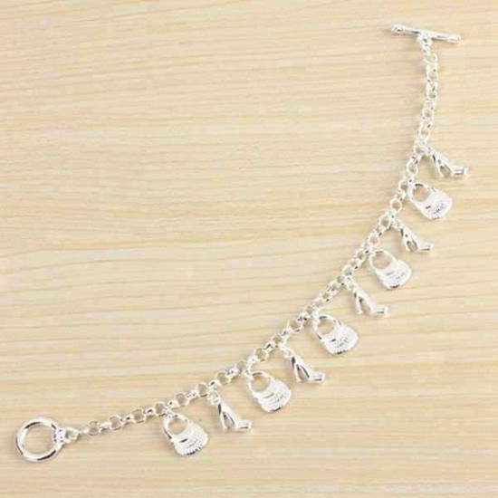 Silver Plated Shoes Bags Chain Pendant Bracelet Women Jewelry