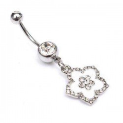 Silver Rhinestone Flower Petal Navel Bar Belly Ring Body Jewelry