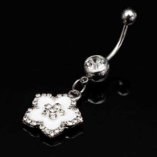 Silver Rhinestone Flower Petal Navel Bar Belly Ring Body Jewelry