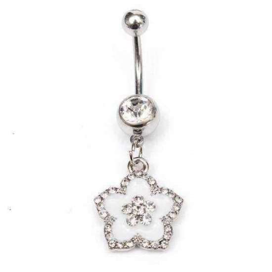 Silver Rhinestone Flower Petal Navel Bar Belly Ring Body Jewelry