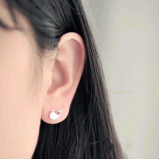 Silver Sweet Little Whale Ear Stud Earrings For Women