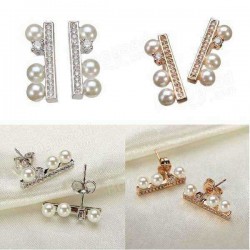 Simple Rhinestone Crystal Pearl Ear Stud Earrings Gold Silver Plated