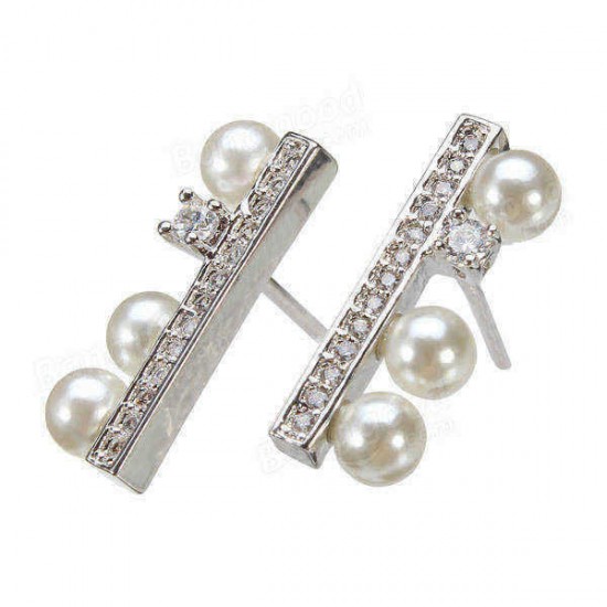 Simple Rhinestone Crystal Pearl Ear Stud Earrings Gold Silver Plated