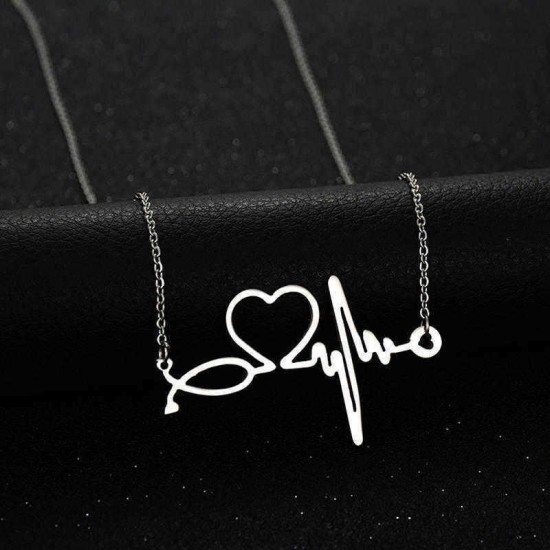 Simple Stainless Steel Heartbeat Electrocardiogram Heart Pendant Chain Necklace for Women