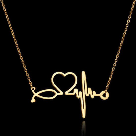 Simple Stainless Steel Heartbeat Electrocardiogram Heart Pendant Chain Necklace for Women