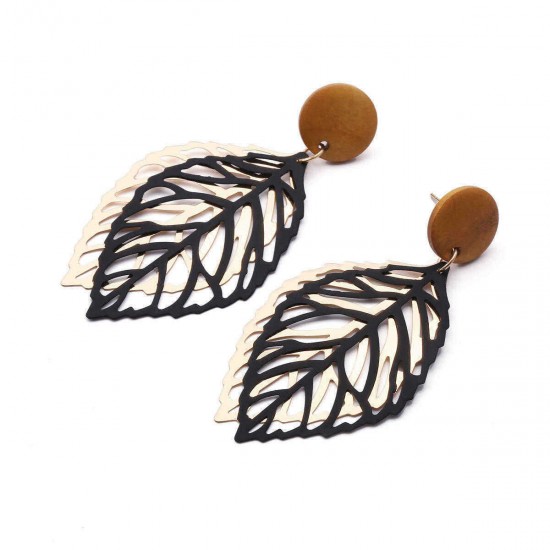 Simple Style Wood Hollow Leaves Ear Drop Earring  for Women