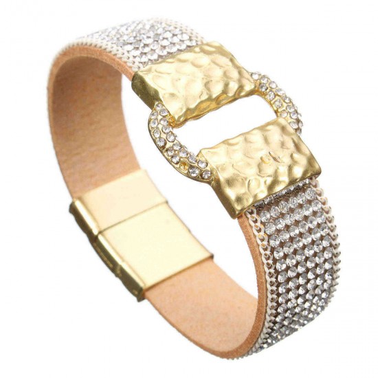 Sparkling Full Rhinestone Wide Belt Buckle Magnetic Leather Bracelets