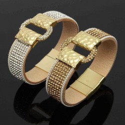 Sparkling Full Rhinestone Wide Belt Buckle Magnetic Leather Bracelets