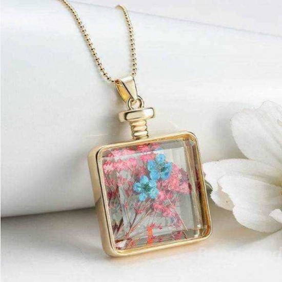 Square Glass Bottle Real Dry Flower Pendant Necklace For Women