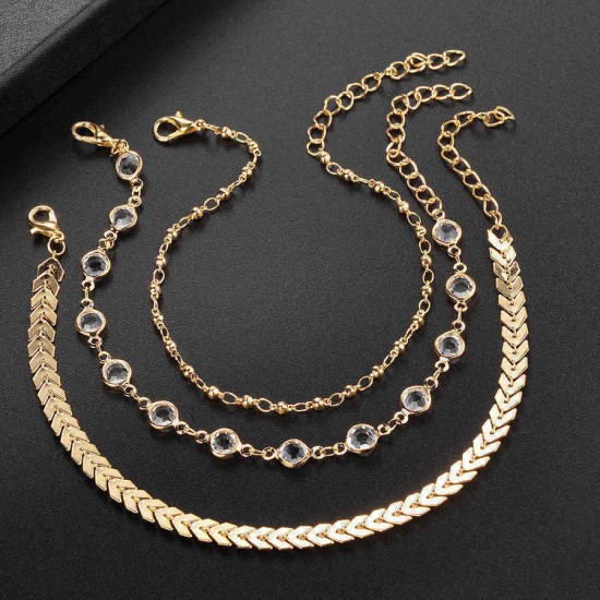 Stylish Arrow-studded 3 Pieces/ Set Gold Alloy Rhinestone Anklet For Women