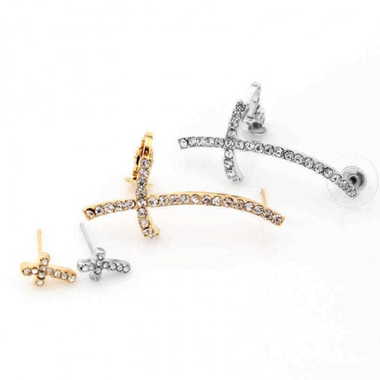 Stylish Ear Clip Long Cuff Earring Trendy Rhinestone Cross Silver Gold Earrings Jewelry for Women