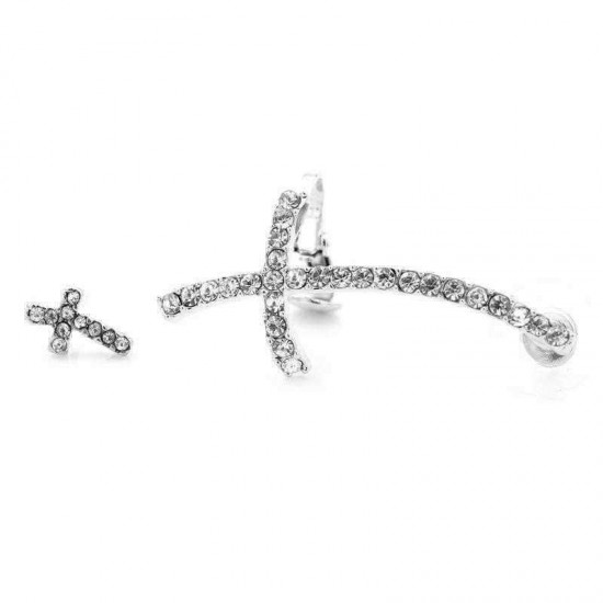 Stylish Ear Clip Long Cuff Earring Trendy Rhinestone Cross Silver Gold Earrings Jewelry for Women