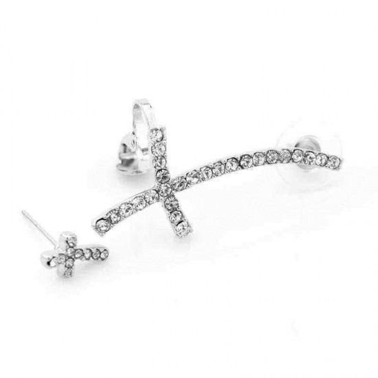 Stylish Ear Clip Long Cuff Earring Trendy Rhinestone Cross Silver Gold Earrings Jewelry for Women