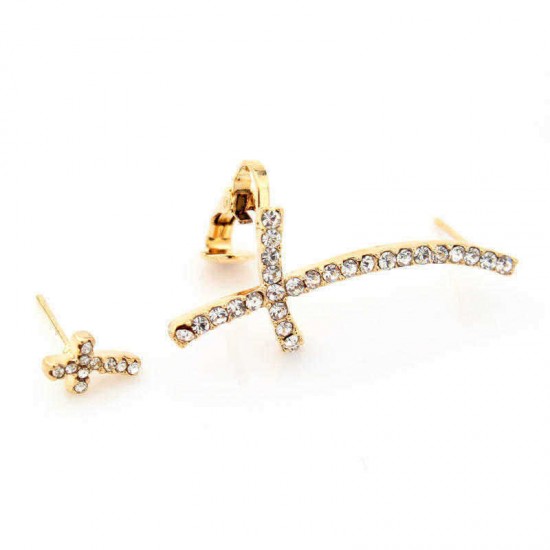 Stylish Ear Clip Long Cuff Earring Trendy Rhinestone Cross Silver Gold Earrings Jewelry for Women