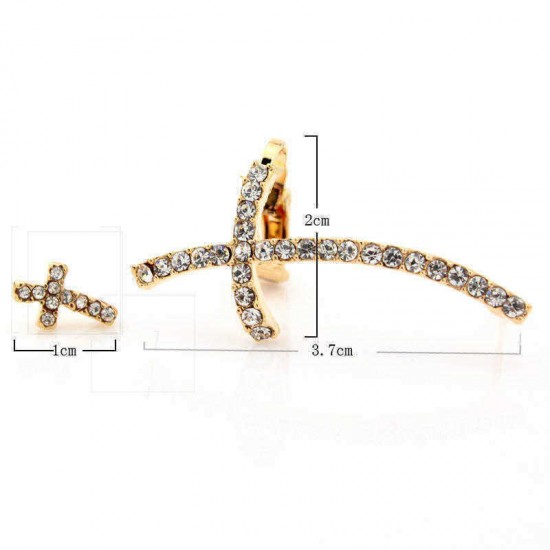 Stylish Ear Clip Long Cuff Earring Trendy Rhinestone Cross Silver Gold Earrings Jewelry for Women