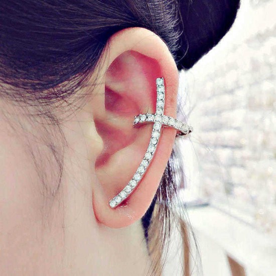 Stylish Ear Clip Long Cuff Earring Trendy Rhinestone Cross Silver Gold Earrings Jewelry for Women