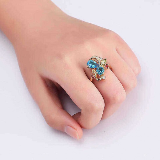 Stylish Gold-Plateda€?copper Zircon Ribbon Shape Multicolor Crystal Finger Ring for Women