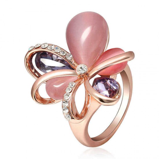 Stylish Pink Flower Opal Crystal Zircon Finger Ring Fine Jewelry for Women Clothing Accessories