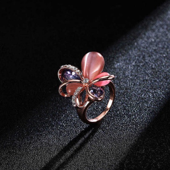 Stylish Pink Flower Opal Crystal Zircon Finger Ring Fine Jewelry for Women Clothing Accessories