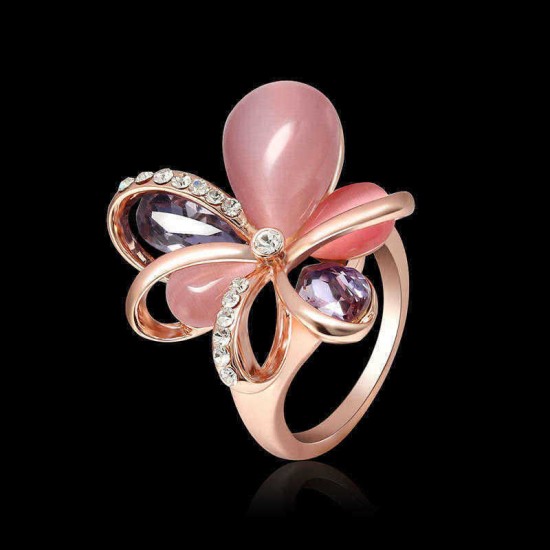 Stylish Pink Flower Opal Crystal Zircon Finger Ring Fine Jewelry for Women Clothing Accessories