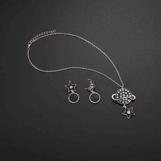 Stylish Star Moon Rhinestones Earrings Gold Necklace Stellar Fashion Jewelry Set for Women