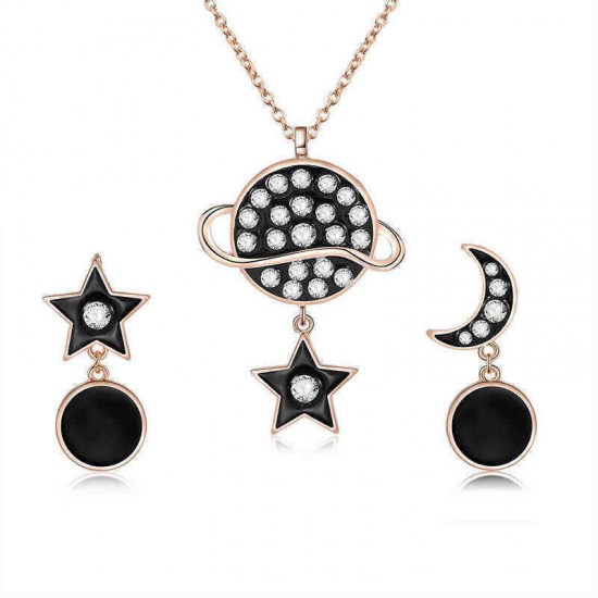 Stylish Star Moon Rhinestones Earrings Gold Necklace Stellar Fashion Jewelry Set for Women