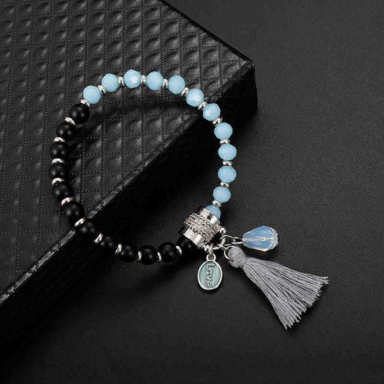 Stylish Womens Blue Black Beaded Bracelet Love Charm Adjustable Tassel Bracelets Gift for Women