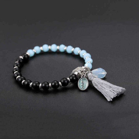 Stylish Womens Blue Black Beaded Bracelet Love Charm Adjustable Tassel Bracelets Gift for Women