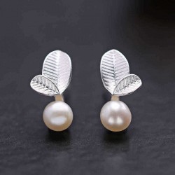 Sweet 925 Sterling Silver Leaves Pearl Earrings Women Jewelry